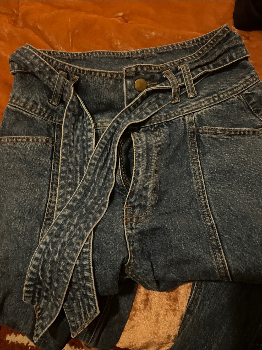 Women’s High-Waist Blue Denim Jeans with Self-Tie Belt